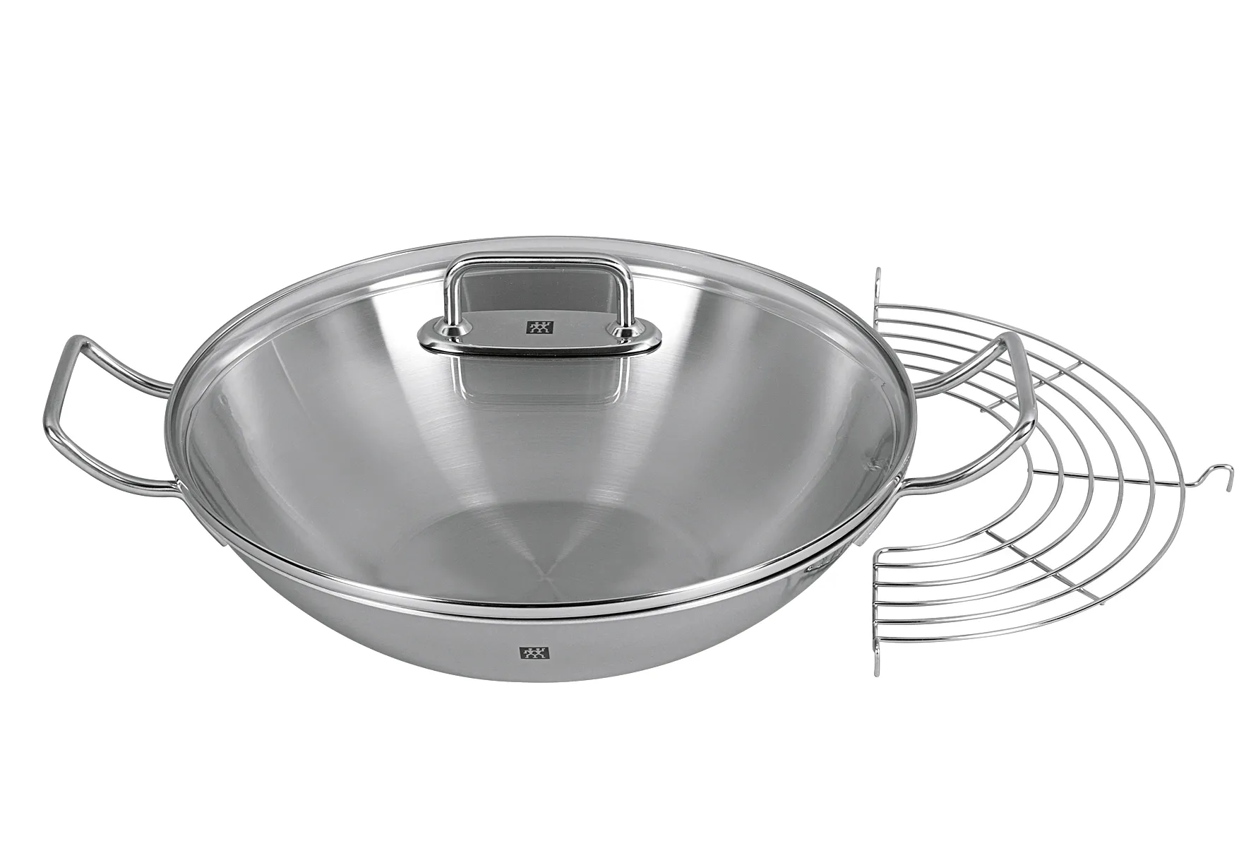 Wok Edelstahl Ø 32cm, 8-10 Edelstahl Glasdeckel, induktionsfähig