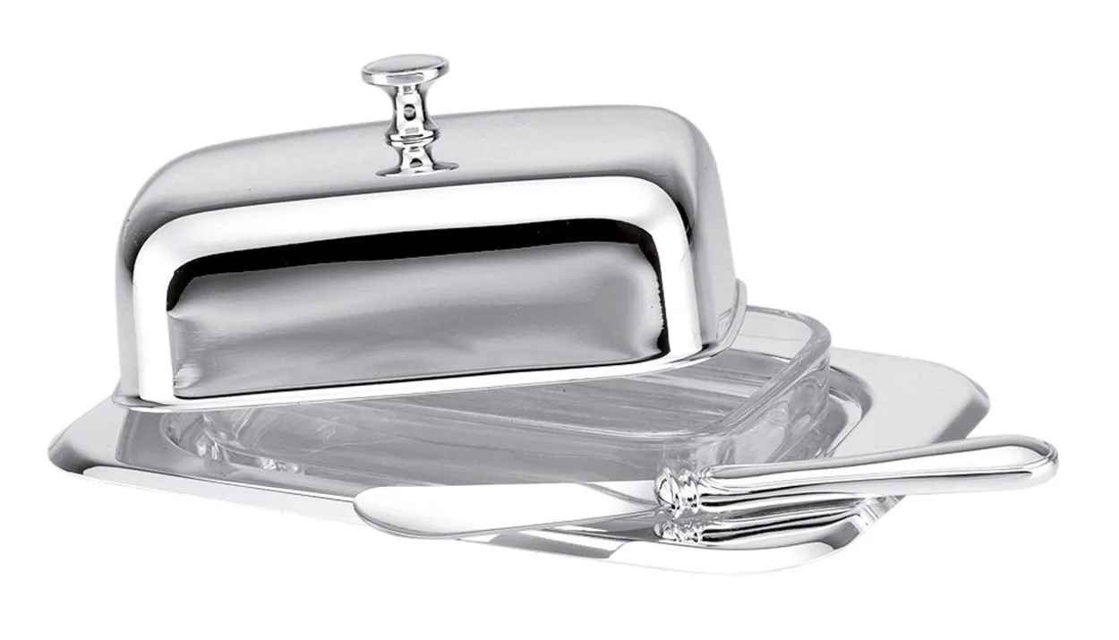 Butterdose 1/2 Pfund mit Glaseinsatz &Buttermesser versilbert,17,5 cm x Breite 12,5 cm x Höhe 5,0 cm
