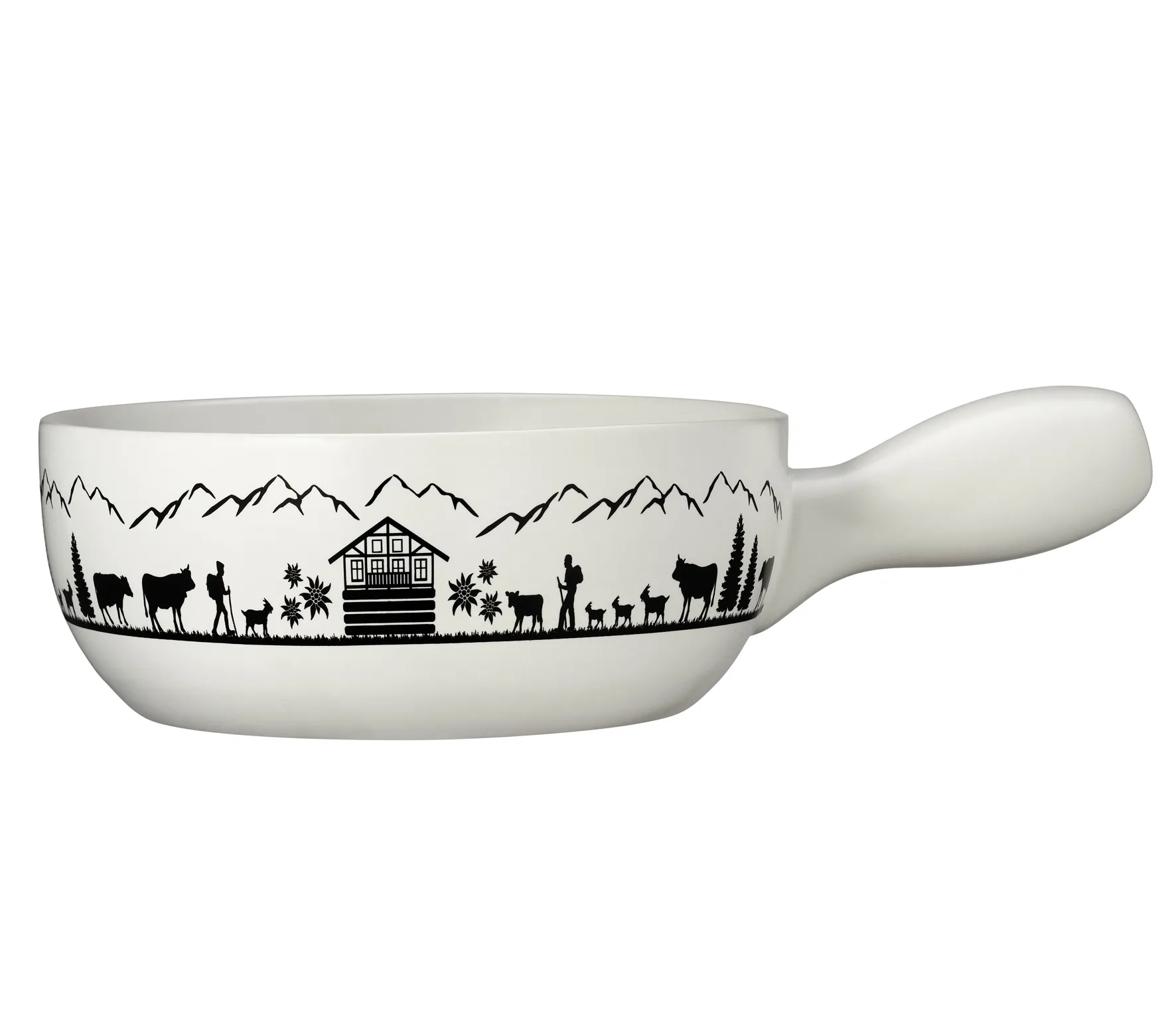 Fondue Caquelon MONTANA weiss-schwarz  idyllische Alpenmotive  + solide Verarbeitung