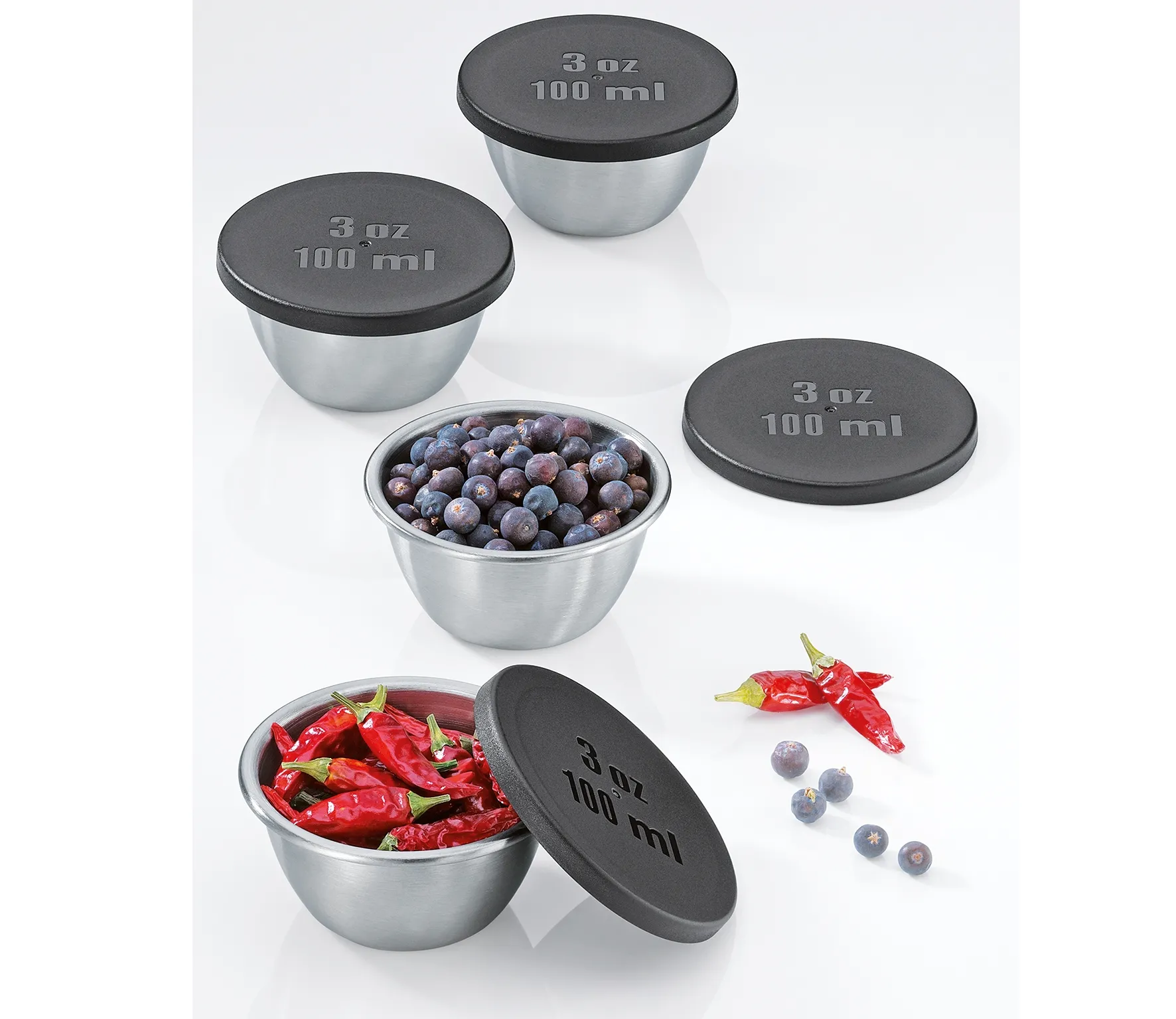 Mini-Gewürzdosen 100 ml, 4er-Set rostfreier Edelstahl + platzsparend stapelbar