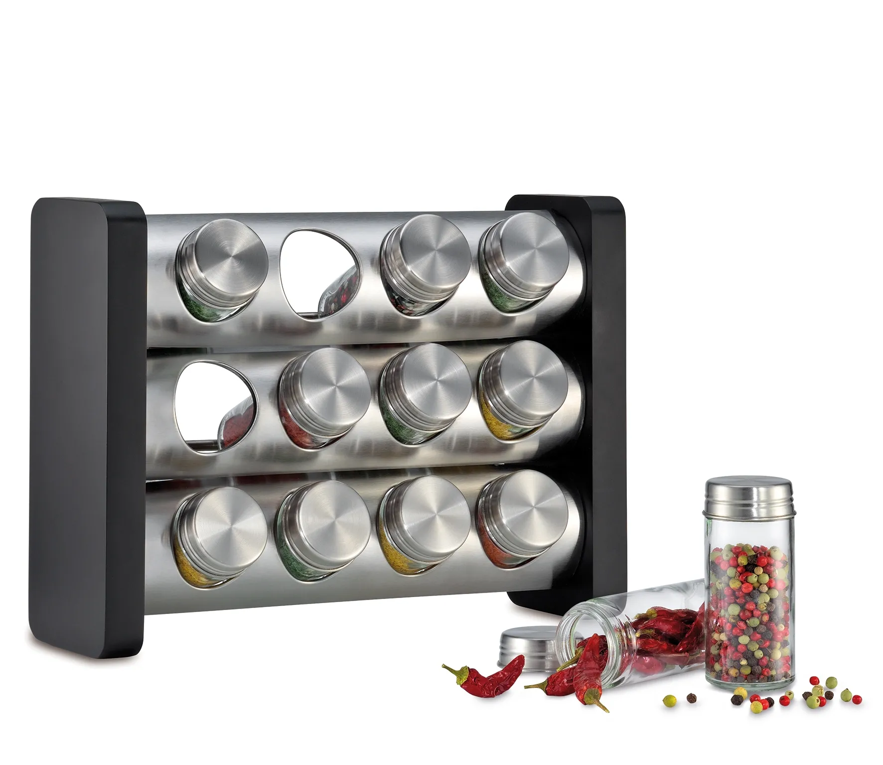 Gewürzständer mit 12 Gläsern schwarz, rechteckig  22x29,5cm,  bewahrt das Aroma