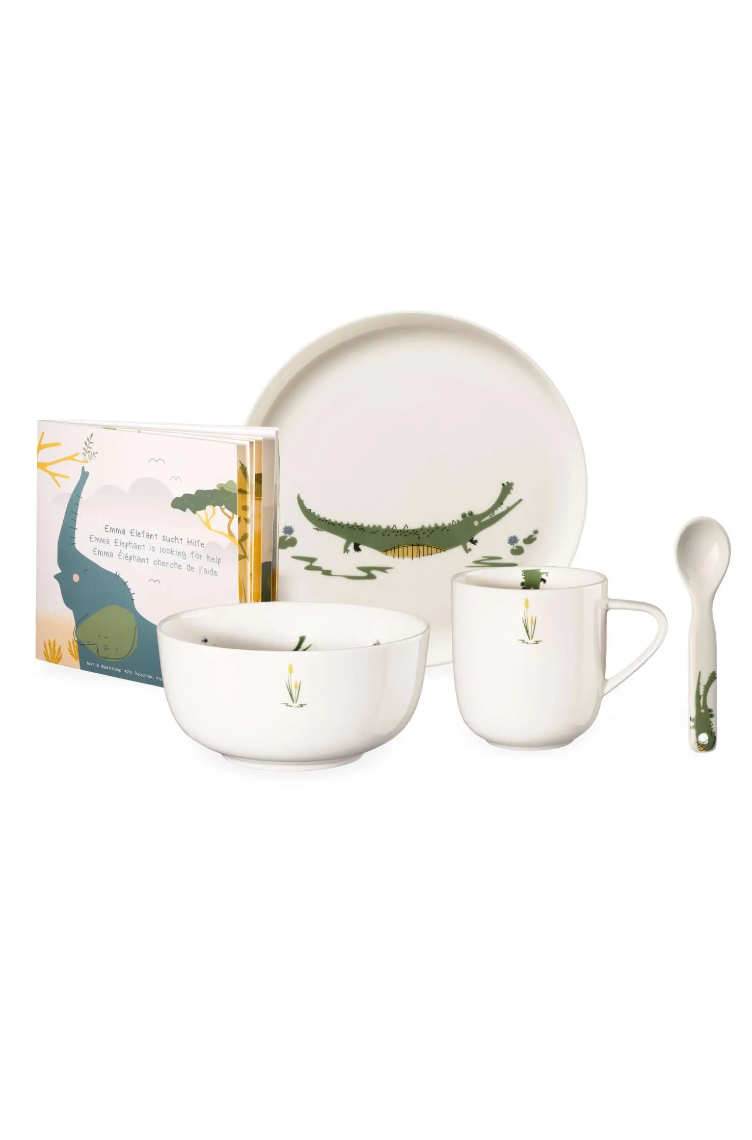 5-tlg. Kinderset, Croco Krokodil Fine Bone China,4-teilige Geschirrset mit Buch
