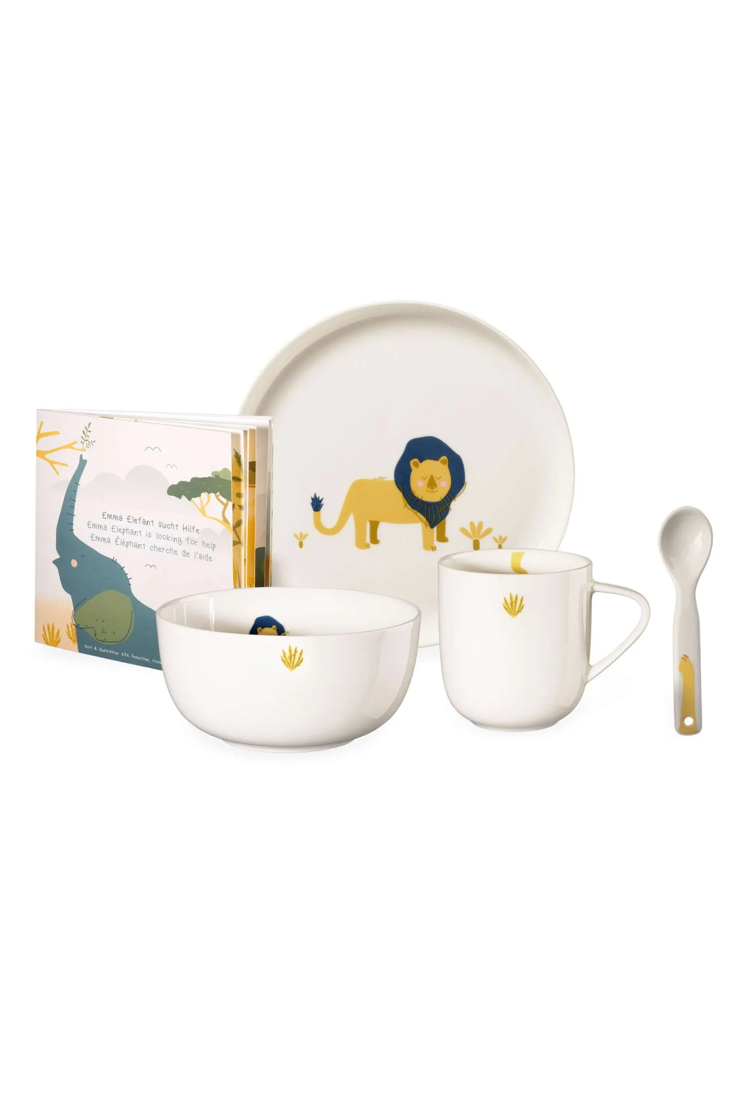 5-tlg. Kinderset, Leo Löwe Fine Bone China,4-teilige Geschirrset mit Buch
