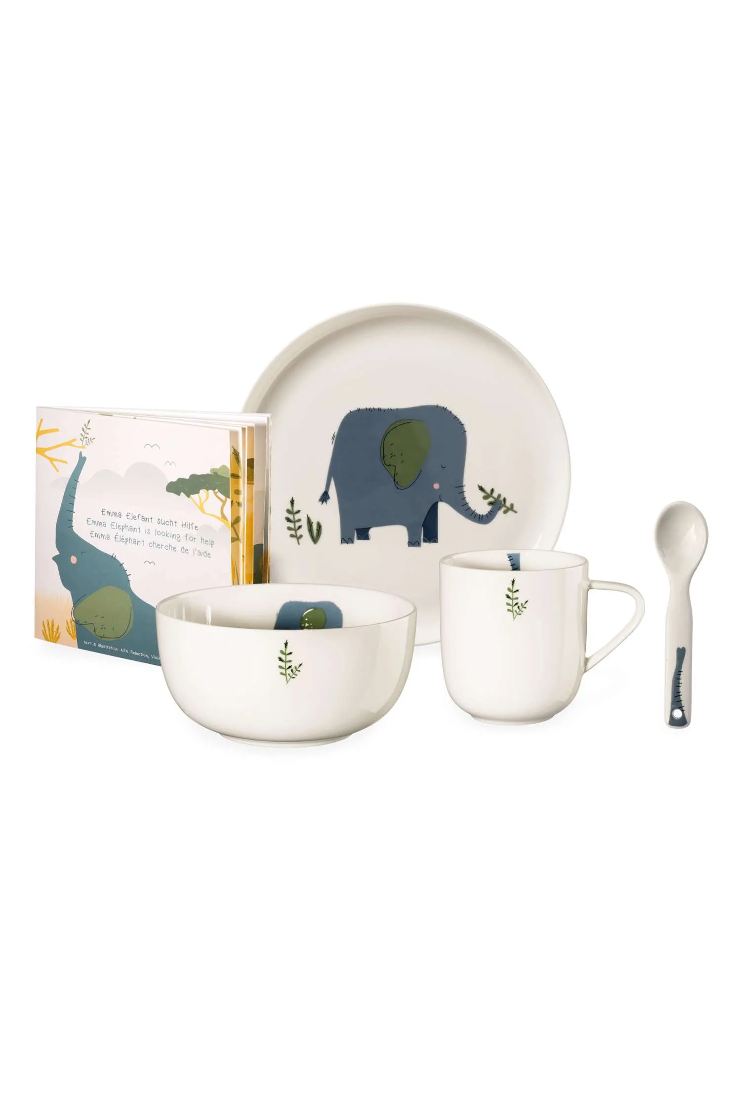 5-tlg. Kinderset, Emma Elefant Fine Bone China,4-teilige Geschirrset mit Buch