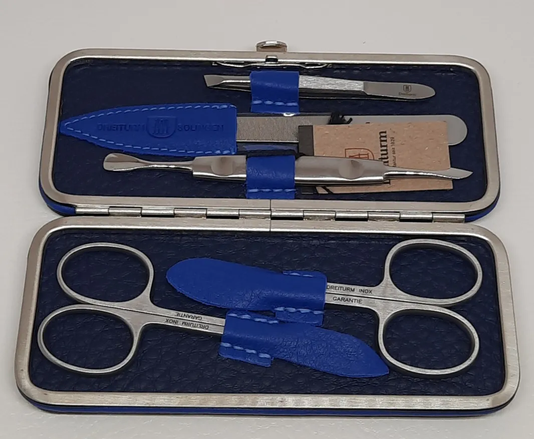 Nagelrahmenetui Petrol blau Leder 5tlg.bestückt Haut- und Naglschere,Stahlfeile,Pinzette,Reiniger