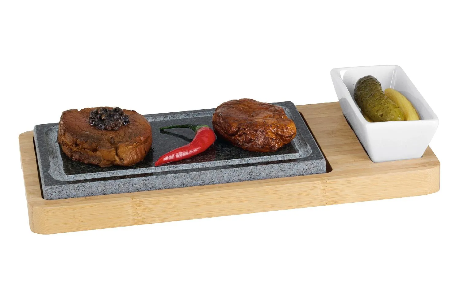 Heißer Stein mit Porzellanschälchen und Holzbrett Einzigartiges Gourmeterlebnis, perfekte Hitze &