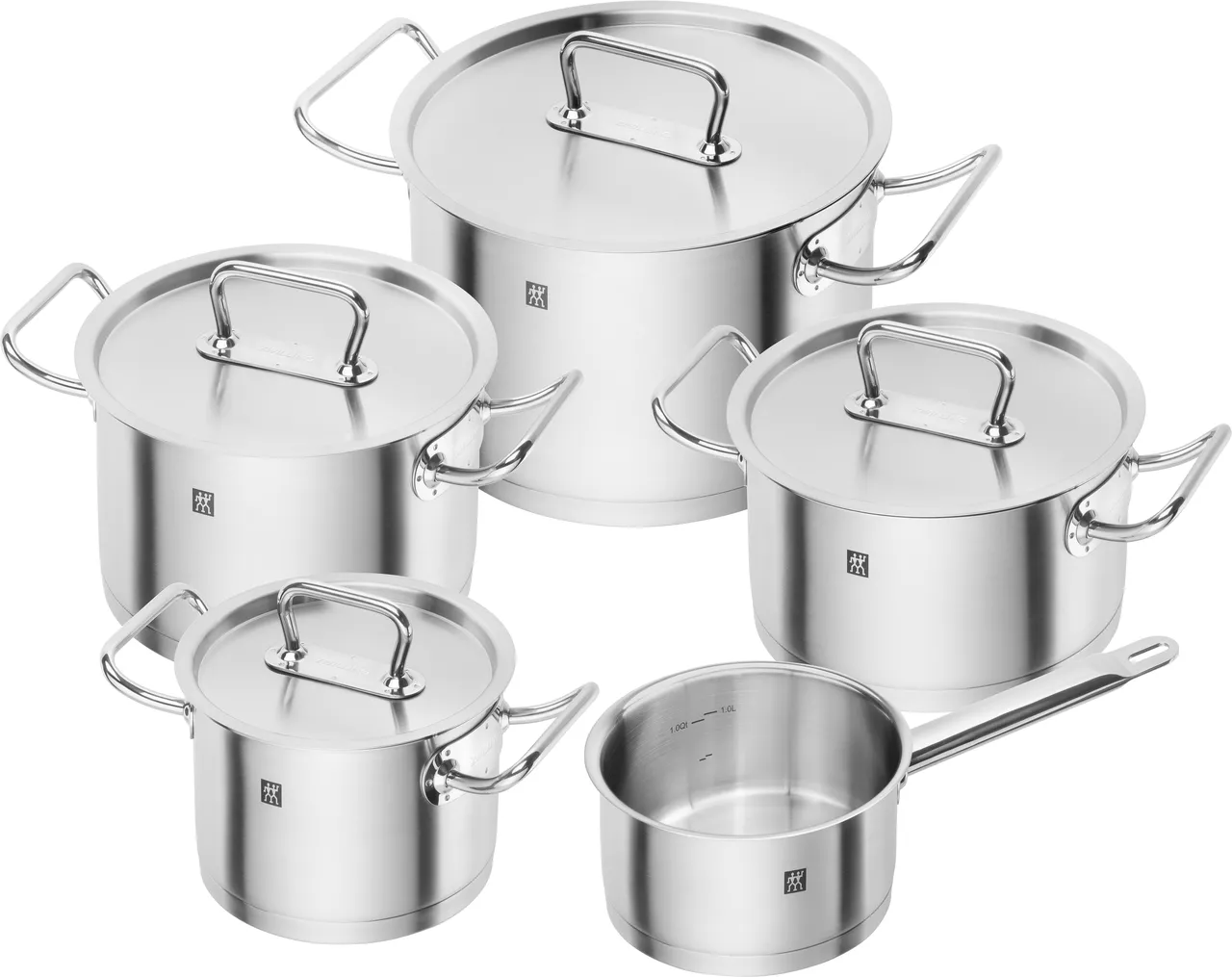 Topfset PRO S, 5-tlg, Edelstahl mit Füllscala Kochtopf 16cm, 20cm, 24cm, Bratentopf 20cm,