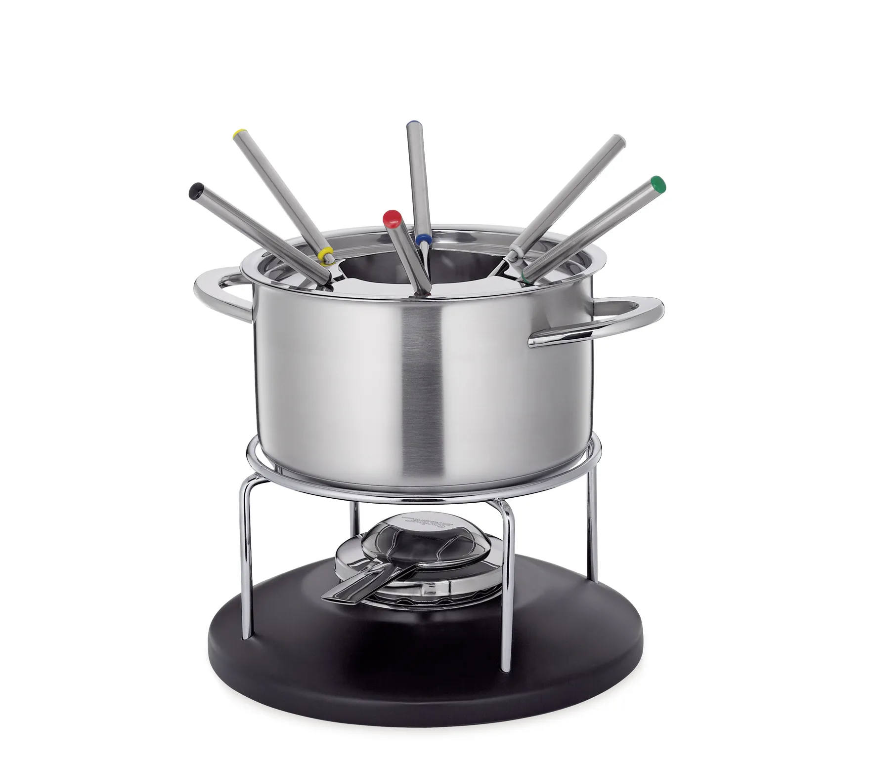 Fondue-Garnitur BASIC 18 cm Edelstahl/Holz schwarz lackiert, incl. Pastenbrenner und 6 Fondue-Gabeln