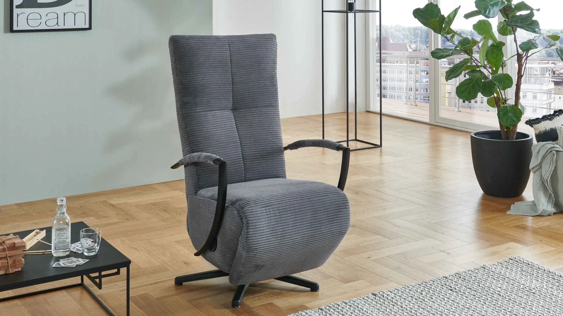 KAWOO Polsterprogramm Dover XC - Relaxsessel, grauer Breitcord Lincoln & schwarzer Sternfuß