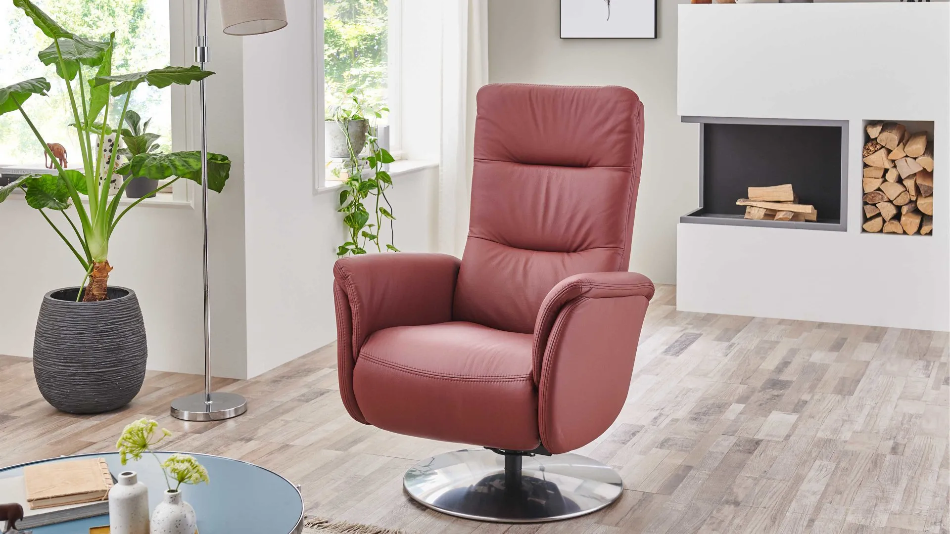 OrthoSedis OS-PN1120 - Relaxsessel, brombeerfarbenes Leder Torro & Edelstahl-Tellerfuß