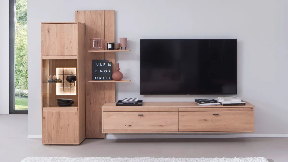 Wohnwand Freeport, Balkeneiche & Schwarz - dreiteilig, Breite ca. 300 cm