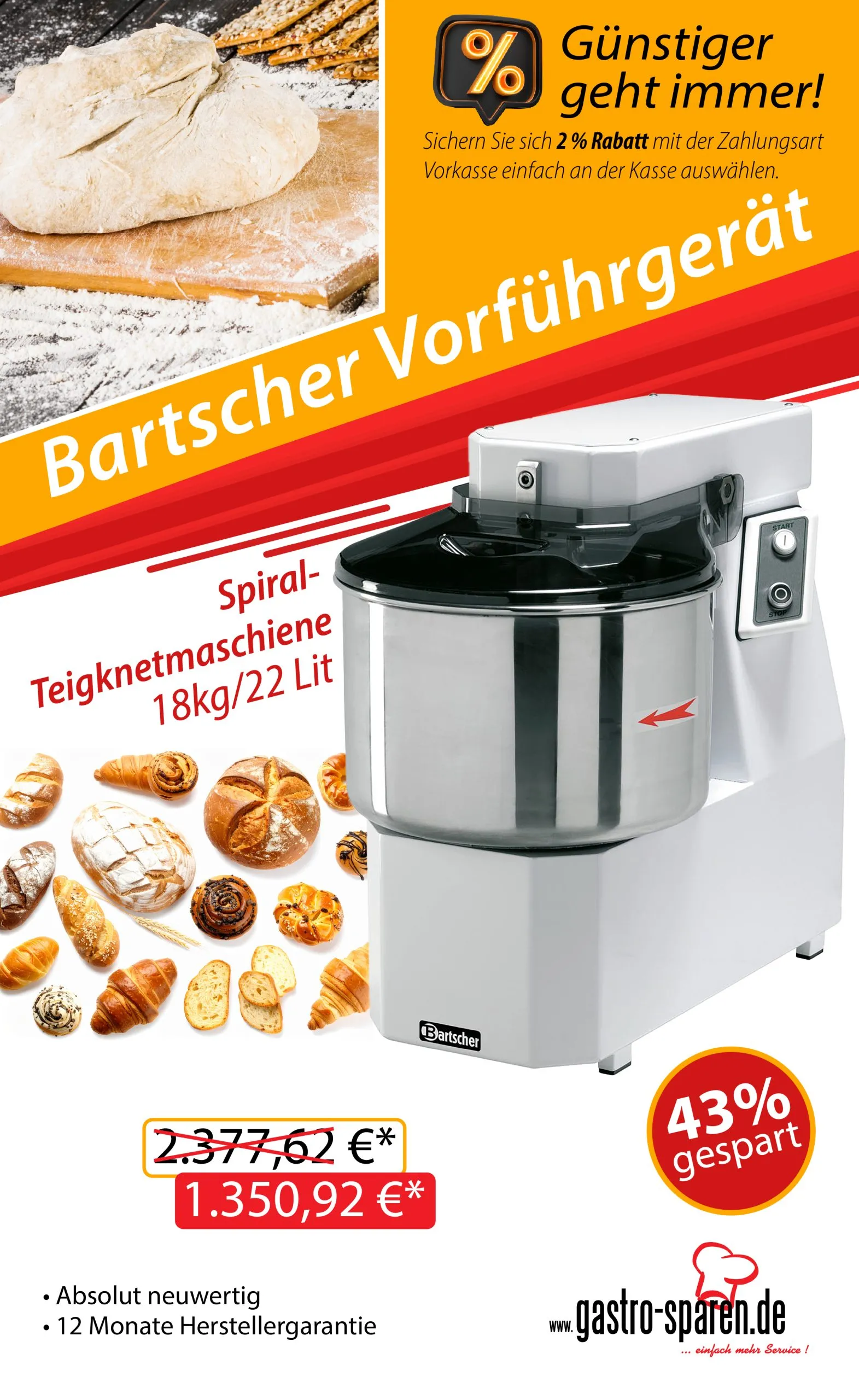 Bartscher Bartscher Vorführgerät Spiral-Teigknetmaschiene 18kg/22 Lit.