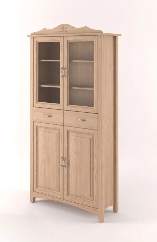 Edle Vitrine Eiche Vollholz massiv natur Pirol 14, 214 x 100 x 42 cm, Glasschrank für Wohn- und Esszimmer, mit 2 Schubladen und 6 Fächern, 2 Glastüren