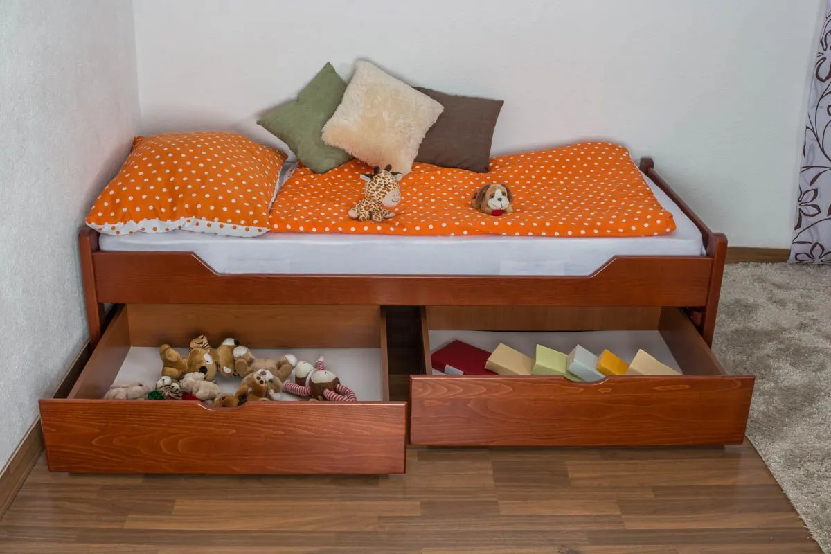 Kinderbett / Jugendbett "Easy Premium Line" K1/1n inkl 2 Schubladen und 2 Abdeckblenden, 90 x 200 cm Buche Vollholz massiv Kirschfarben