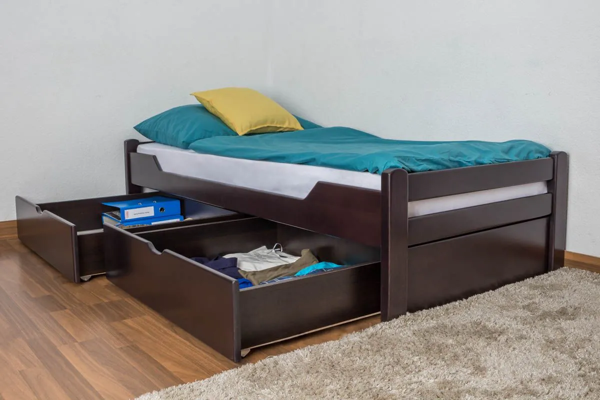 Einzelbett / Stauraumbett "Easy Premium Line" K1/1n inkl 2 Schubladen und 2 Abdeckblenden, 90 x 200 cm Buche Vollholz massiv Schokobraun