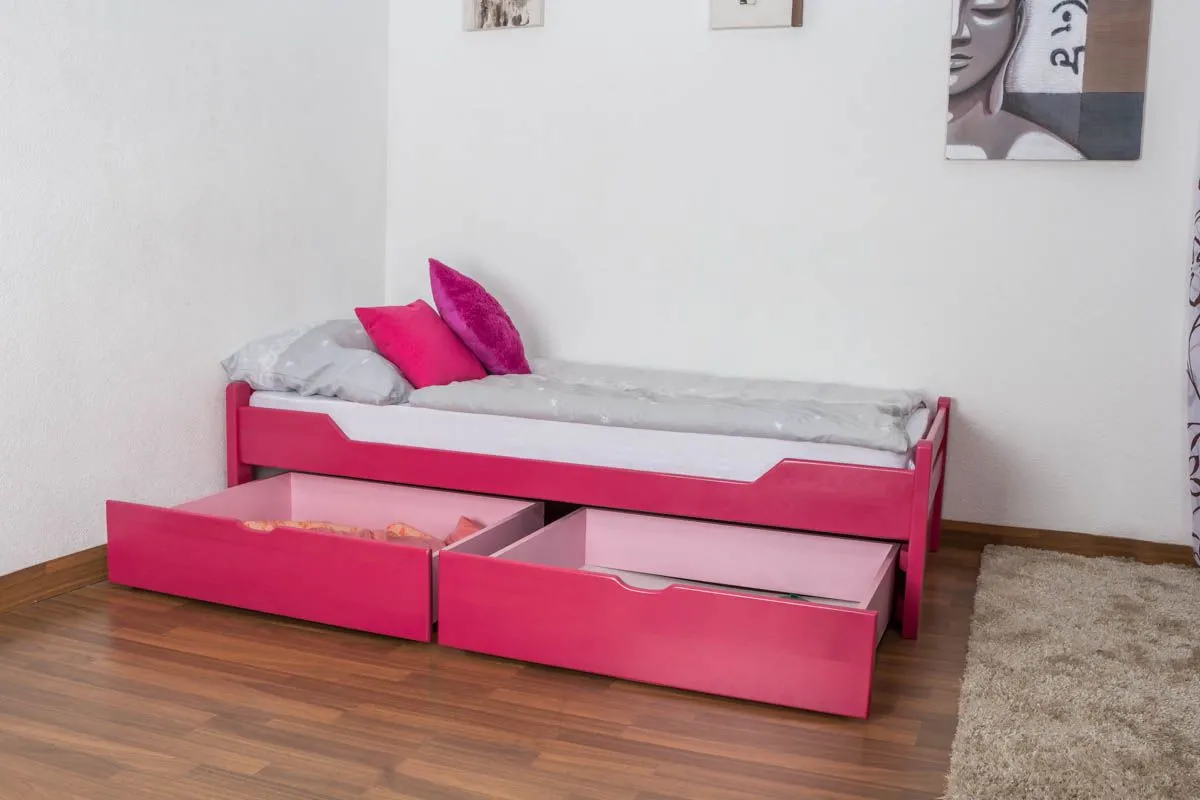 Einzelbett / Stauraumbett "Easy Premium Line" K1/1n inkl 2 Schubladen und 2 Abdeckblenden, 90 x 200 cm Buche Vollholz massiv Rosa