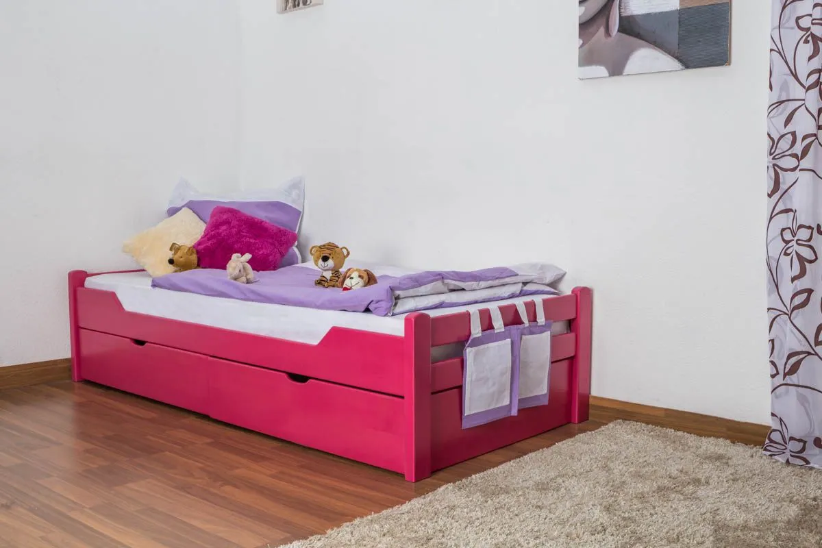 Kinderbett / Jugendbett "Easy Premium Line" K1/1n inkl 2 Schubladen und 2 Abdeckblenden, 90 x 200 cm Buche Vollholz massiv Rosa