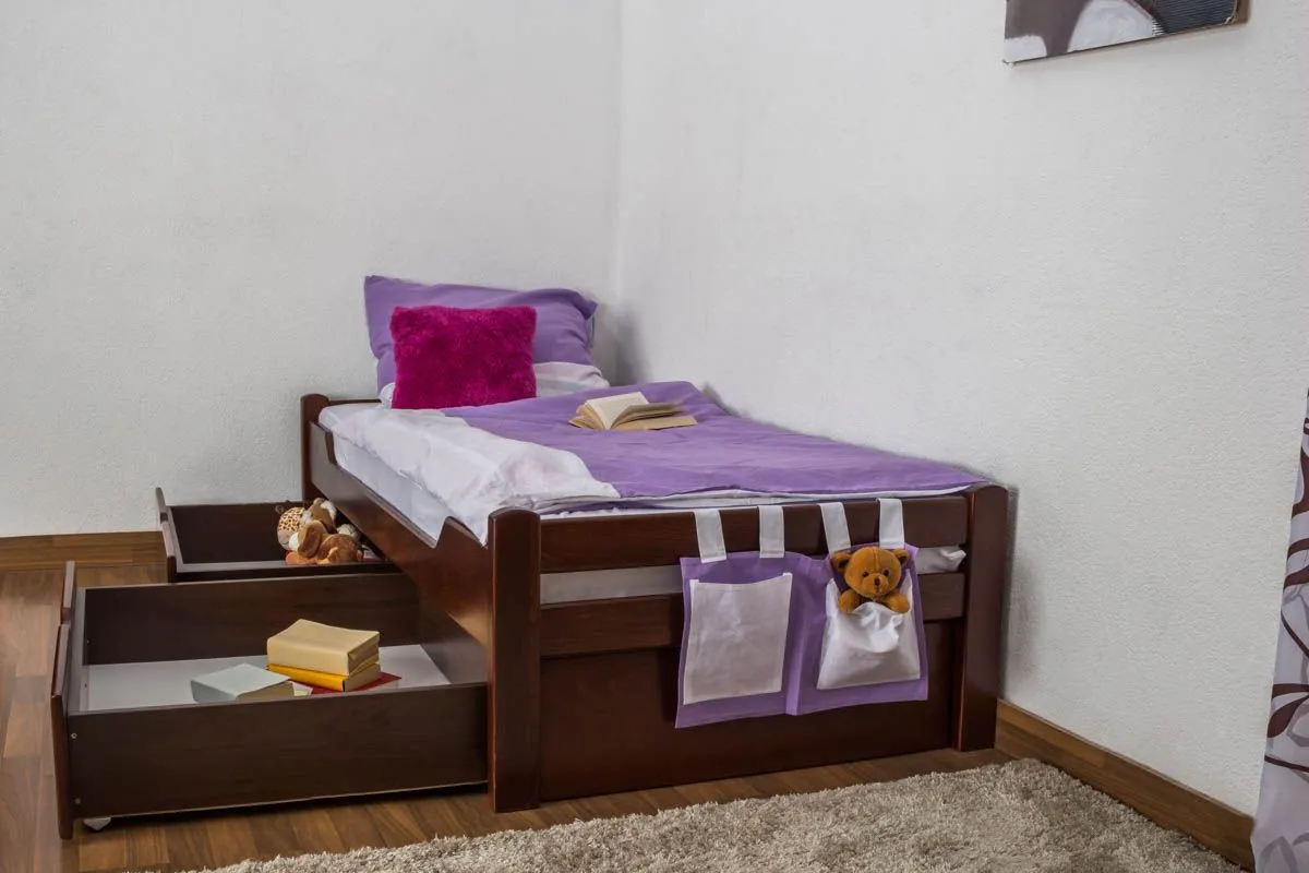 Einzelbett / Stauraumbett "Easy Premium Line" K1/1n inkl 2 Schubladen und 2 Abdeckblenden, 90 x 200 cm Buche Vollholz massiv Dunkelbraun