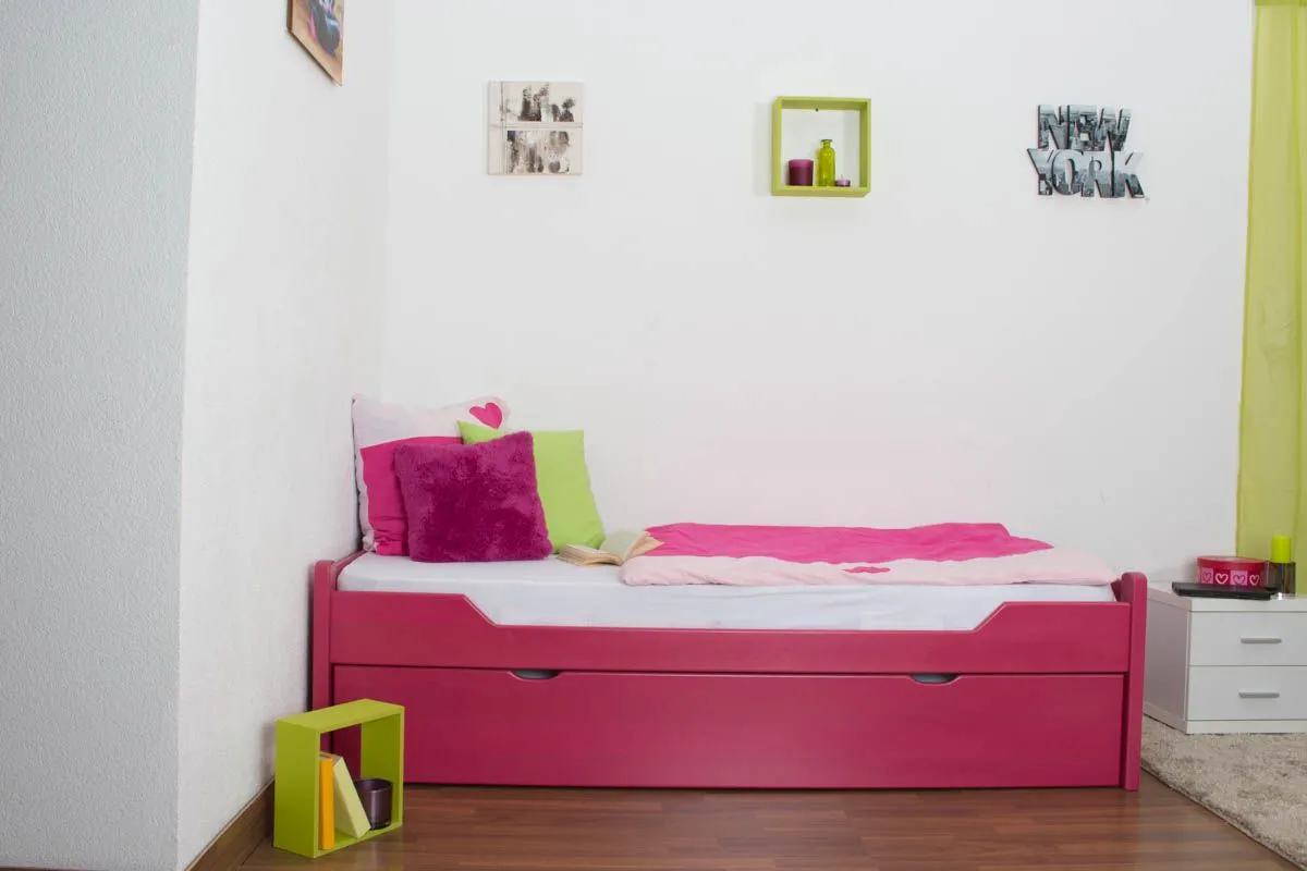 Einzelbett / Ausziehbett "Easy Premium Line" K1/1h inkl. 2. Liegeplatz und 2 Abdeckblenden, 90 x 200 cm Buche Vollholz massiv Rosa