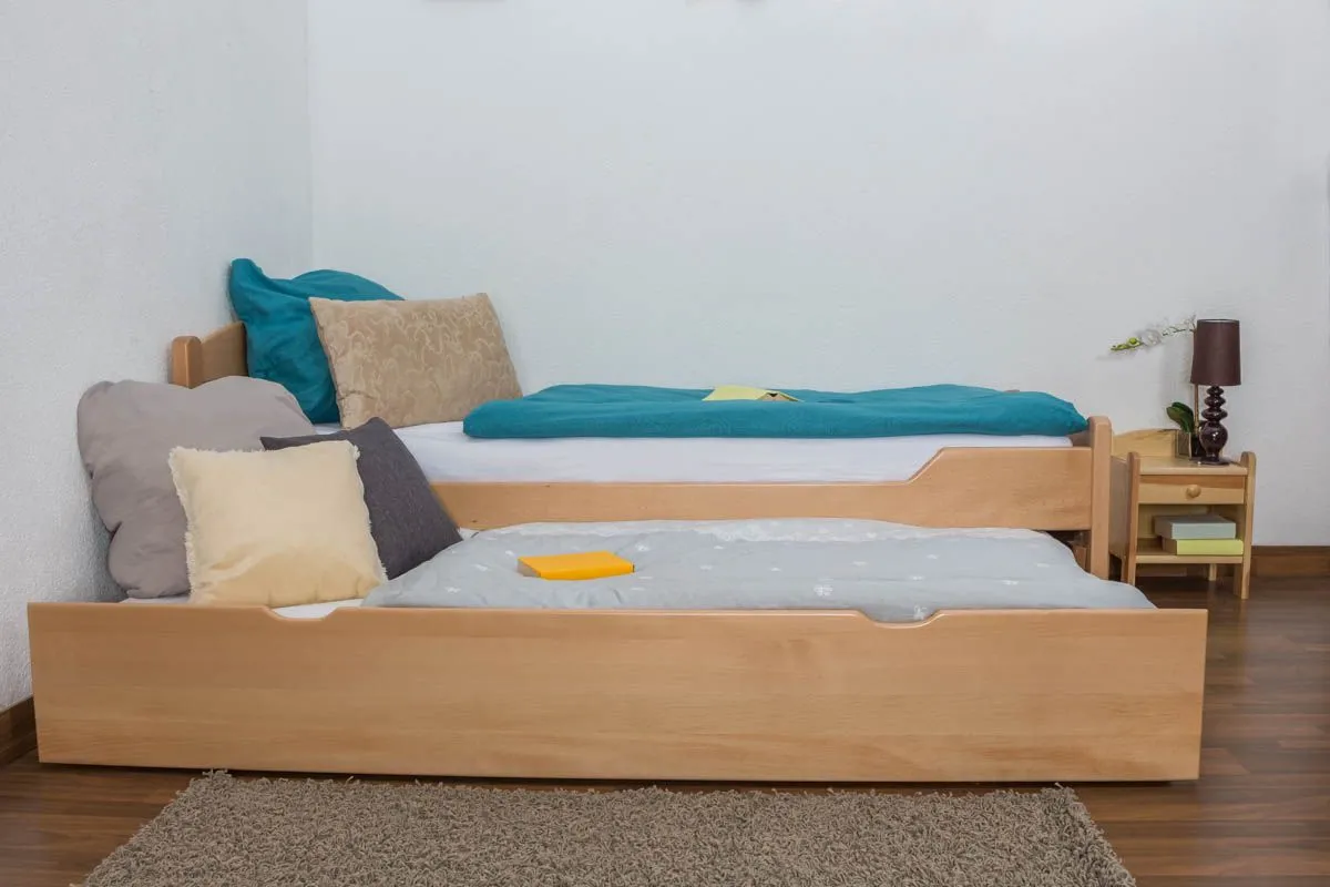 Einzelbett / Stauraumbett "Easy Premium Line" K1/h Voll inkl. 2. Liegeplatz und 2 Abdeckblenden, 90 x 200 cm Buche Vollholz Natur