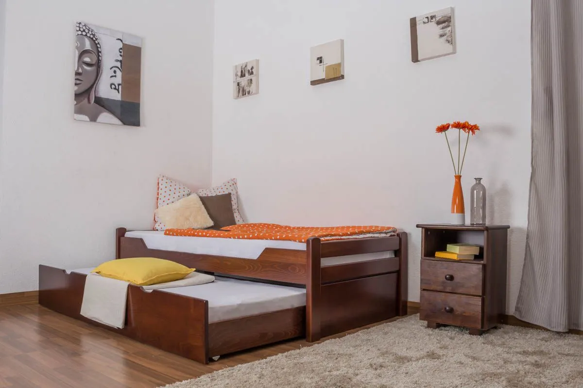 Einzelbett / Ausziehbett "Easy Premium Line" K1/1h inkl. 2. Liegeplatz und 2 Abdeckblenden, 90 x 200 cm Buche Vollholz massiv Dunkelbraun