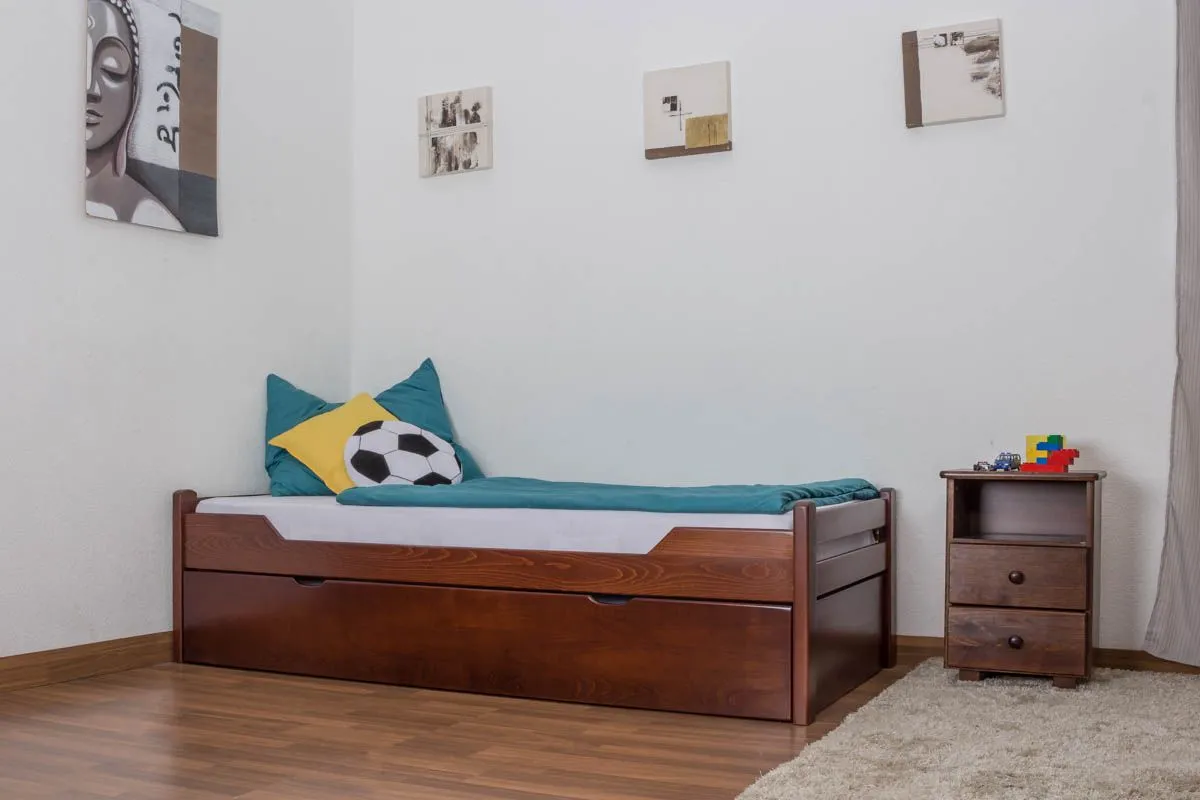 Kinderbett / Jugendbett "Easy Premium Line" K1/1h mit 2. Liegeplatz und 2 Abdeckblenden, Liegefläche 90 x 200 cm, Dunkelbraunes massives Buchenholz