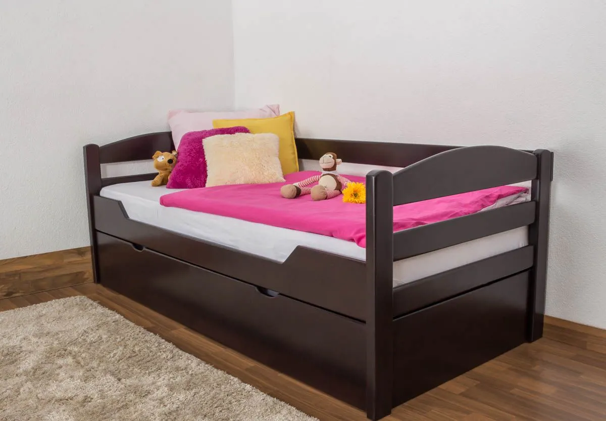 Einzelbett / Stauraumbett "Easy Premium Line" K1/h/s inkl. 2. Liegeplatz und 2 Abdeckblenden, 90 x 200 cm Buche Vollholz massiv Schokobraun