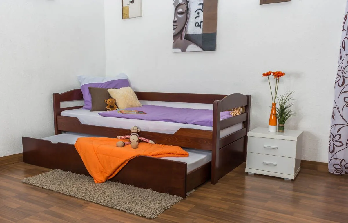 Einzelbett / Stauraumbett "Easy Premium Line" K1/h/s inkl. 2. Liegeplatz und 2 Abdeckblenden, 90 x 200 cm Buche Vollholz massiv Dunkelbraun