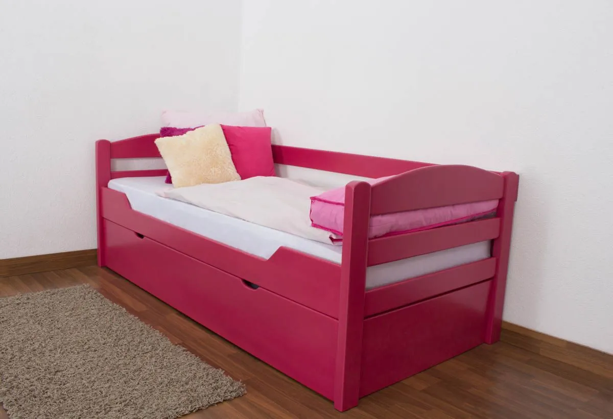 Einzelbett / Stauraumbett "Easy Premium Line" K1/h/s inkl. 2. Liegeplatz und 2 Abdeckblenden, 90 x 200 cm Buche Vollholz massiv Rosa