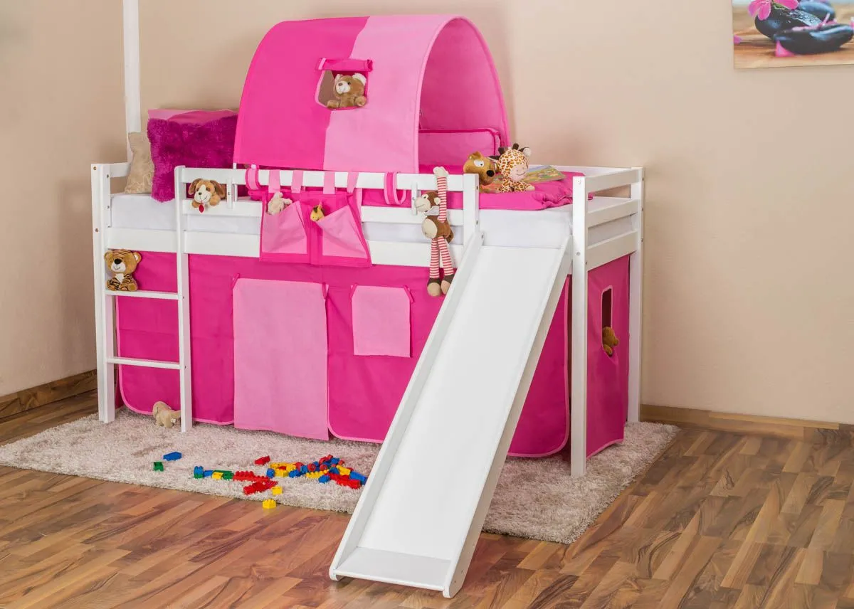 Kinderbett Hochbett Georg mit Rutsche Buche Vollholz massiv weiß lackiert inkl. Rollrost - 90 x 200 cm