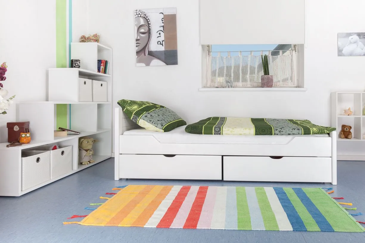 Einzelbett / Stauraumbett "Easy Premium Line" K1/ Voll inkl 2 Schubladen und 2 Abdeckblenden, 90 x 200 cm Buche Vollholz weiß lackiert