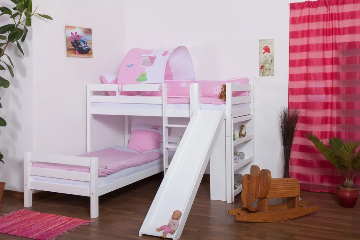 Etagenbett Buche Massivholz weiß mit Regal und Rutsche, inkl. Rollrost 90x200 cm, teilbar