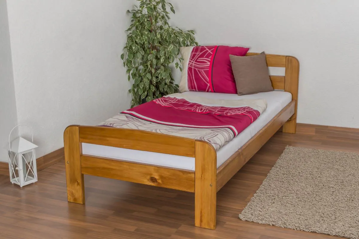 Einzelbett / Gästebett Kiefer Vollholz massiv Eichefarben A6, inkl. Lattenrost - Abmessung 90 x 200 cm