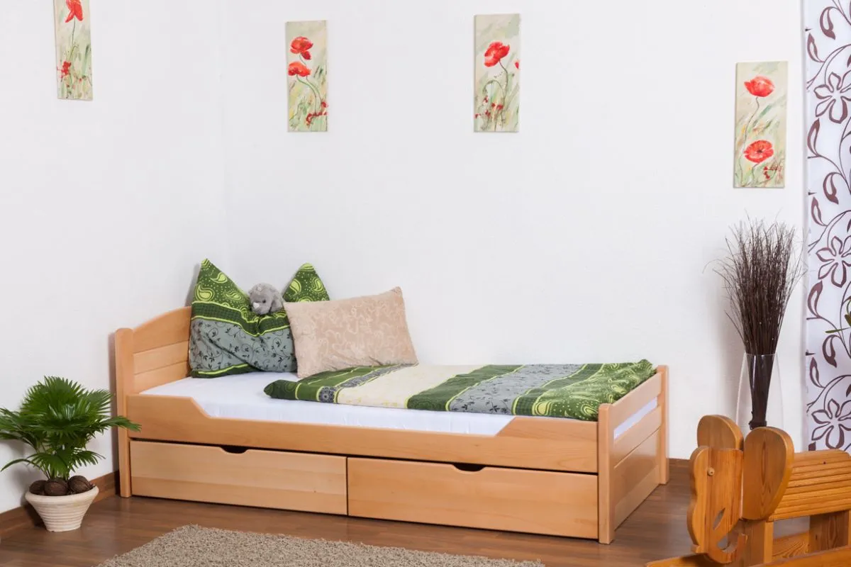 Einzelbett / Stauraumbett "Easy Premium Line" K1/ Voll inkl 2 Schubladen und 2 Abdeckblenden, 90 x 200 cm Buche Vollholz Natur