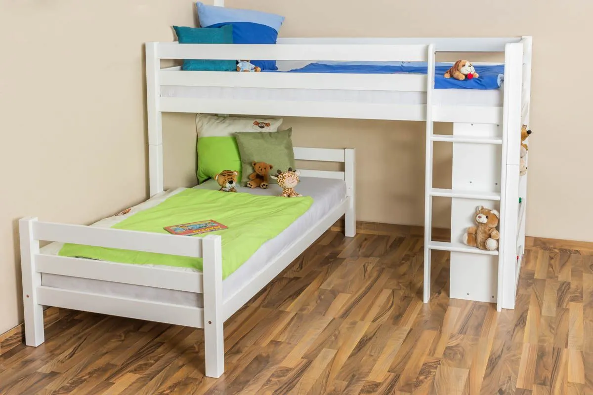 Etagenbett / Spielbett Phillip Buche massiv weiß lackiert mit Regal, inkl. Rollrost - 90 x 200 cm, teilbar