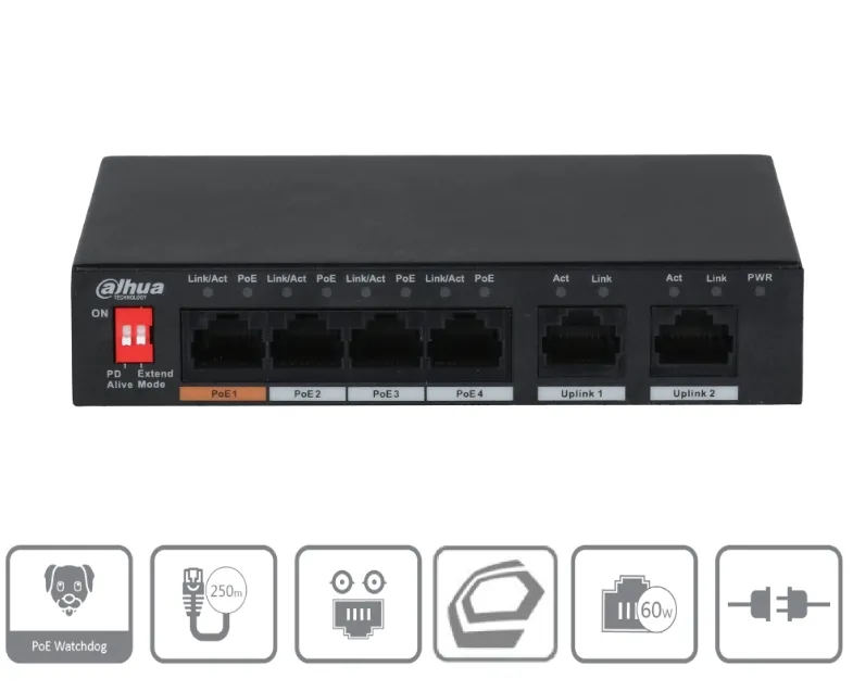 LAN RJ45 PoE Switch 6Port davon 4xPoE 10/100Mbit