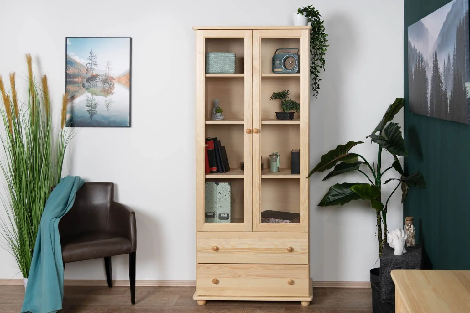 Vitrine Kiefer massiv Vollholz natur Junco 32 - Abmessung 195 x 84 x 42 cm